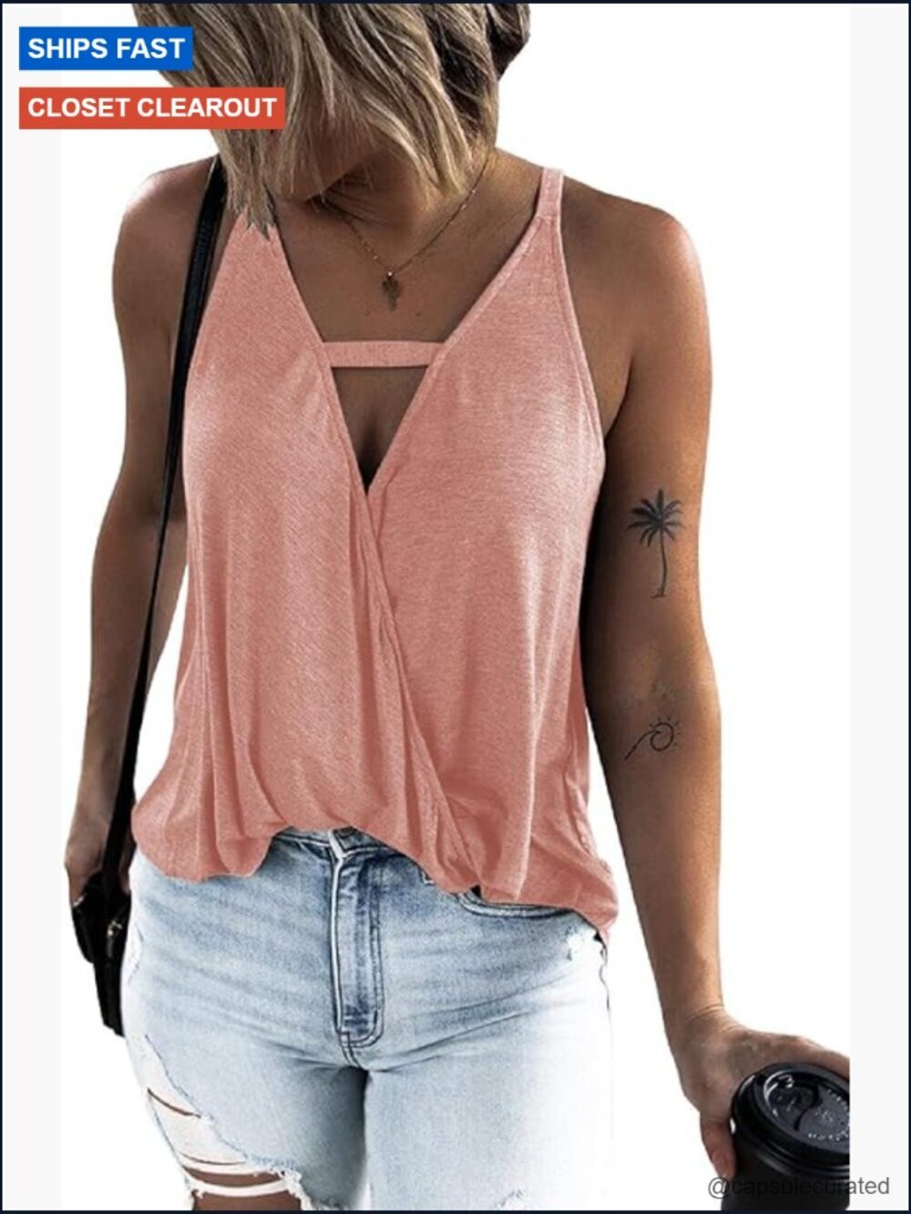 Choker V-Neck Wrap Tank Top - Sleeveless Solid Pull On Casual